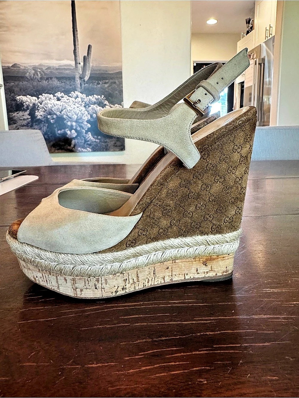 Gucci Suede Cork Guccissima Hollie Wedge Sandals Nude Gold Size 36 1/2